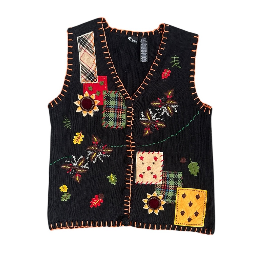 Vintage Holiday Editions Knit Vest Autumn Patterned Patchwork Size Medium